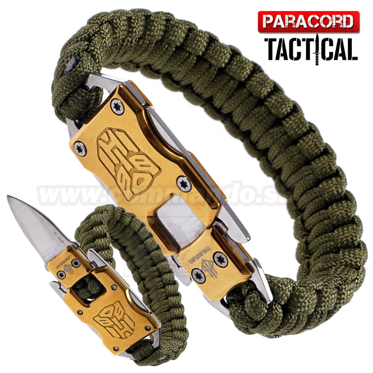 Survival Paracord Emergency multi náramok s nožom OLIV GOLD Commando.sk