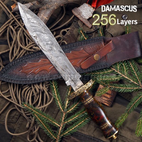 Damaškový veľký nôž s koženým puzdrom 32562 Damascus