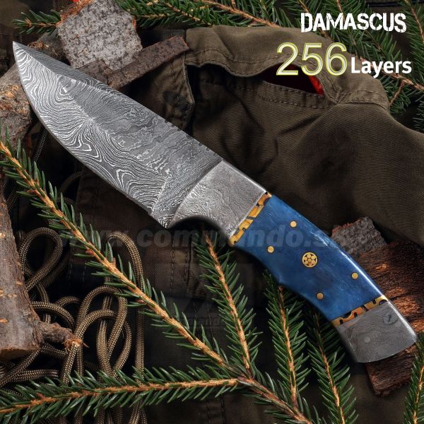 Damaškový nôž Blue Bone s koženým puzdrom 32567 Damascus