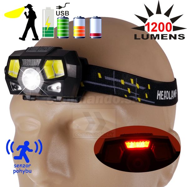 Čelovka STRONG LIGHT 1200 Lumen Senzor USB červené svetlo Headlamp