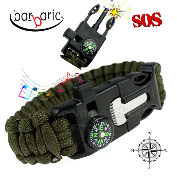 Barbaric Survival Green Paracord náramok s kresadlom a kompasom