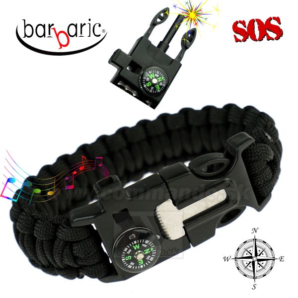 Barbaric Survival Black Paracord náramok s kresadlom a kompasom